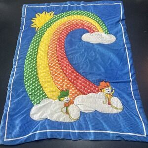 Vintage Handmade Baby Crib Quilt Rainbow Cowboy Duck "That's Our Baby" 70s